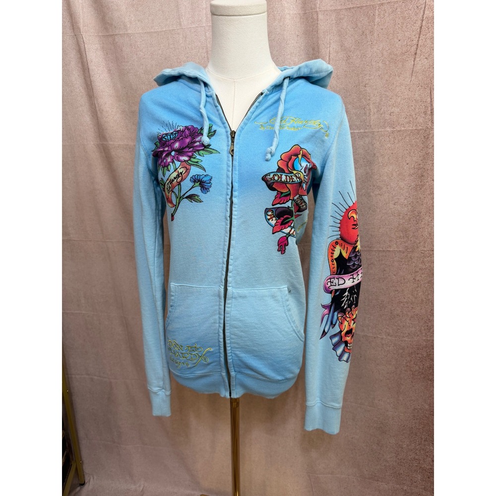 Ed Hardy Christian Audigier Blue Tattoo Graphic Zip Up Hoodie Hollywood Rose
